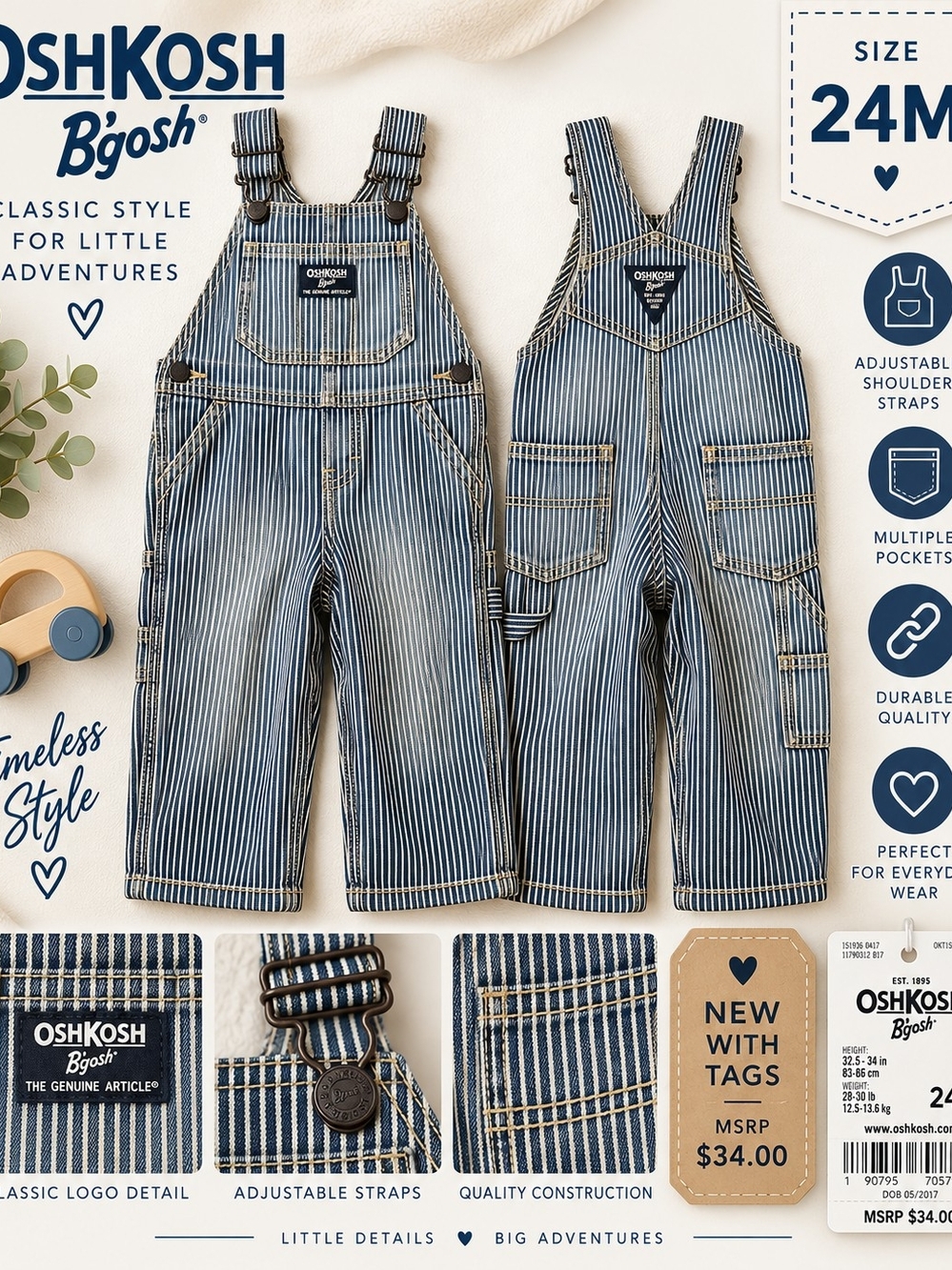 OshKosh B'gosh Blue Stripe Baby Overalls - 24M NWT
